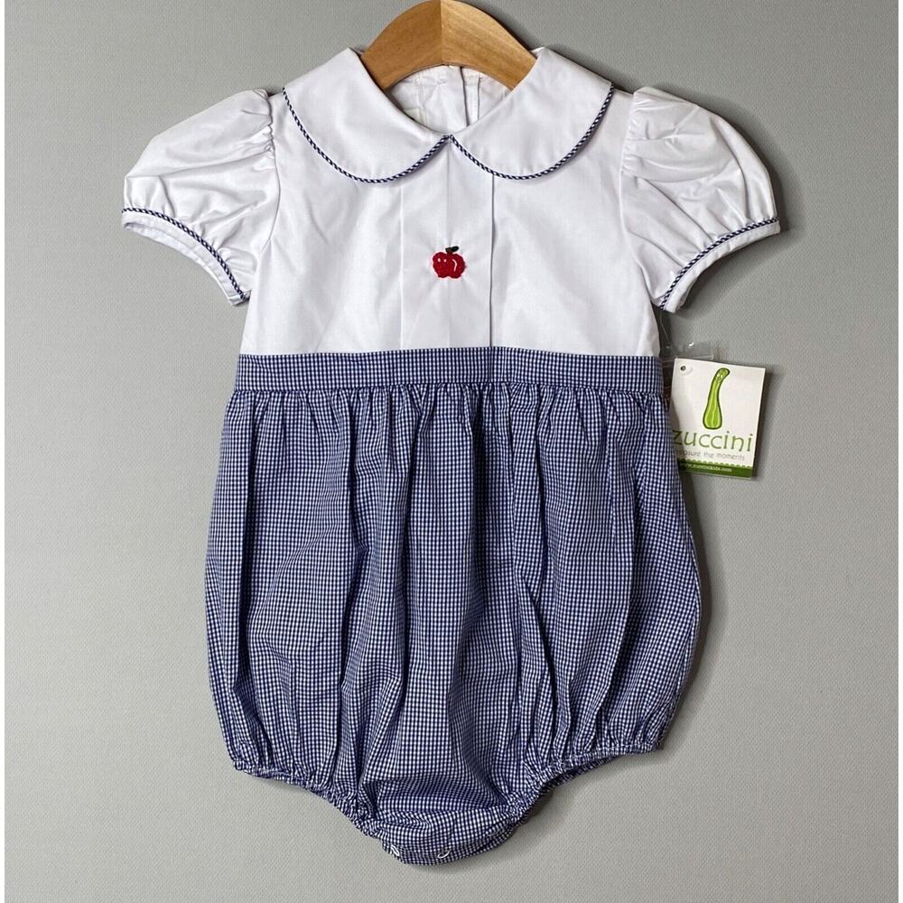 NWT ZUCCINI White/Navy Gingham Embroidered Apple Bubble Romper Girls 4T